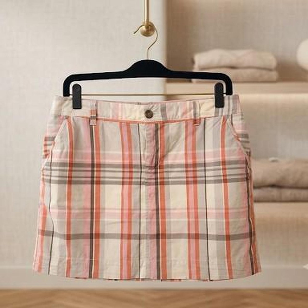 Old Navy Plaid Mini Skirt Pink Tan Grey Checkered Preppy Casual Pockets Womens